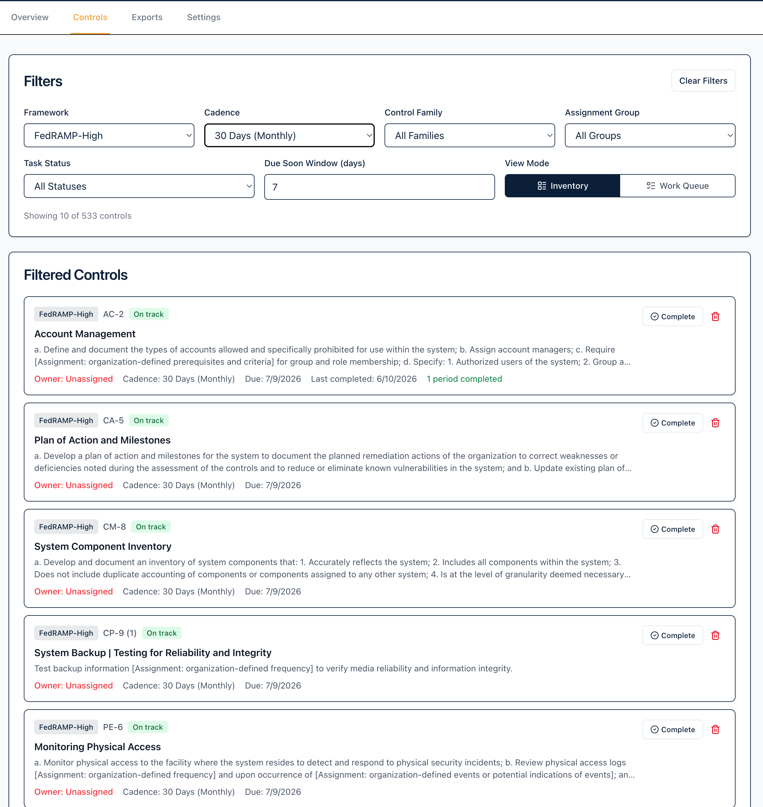 AuditPlotter control inventory and work queue
